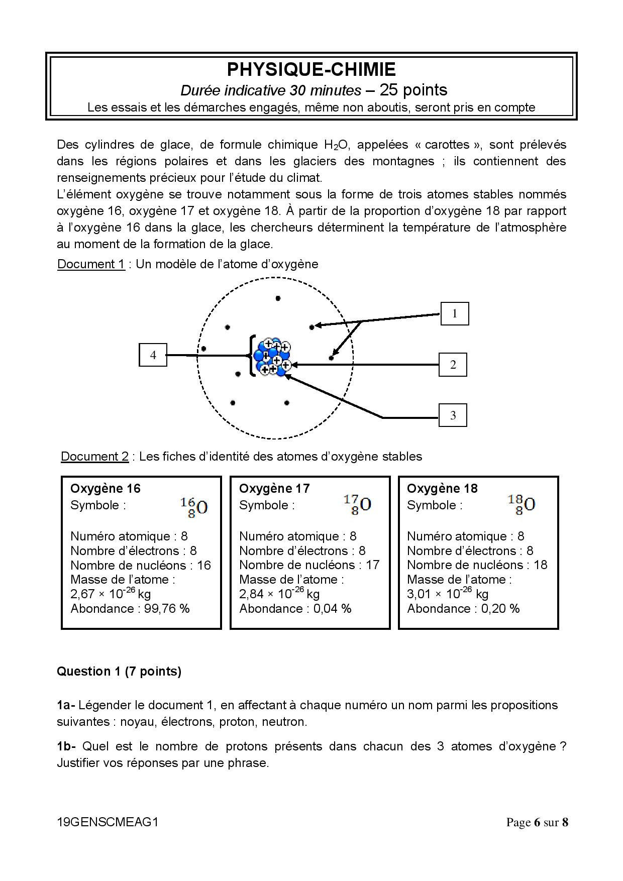 Sujet Brevet Maths Pdf Avec Corrigé Corrigé brevet 2019 physique chimie - Atomes d'oxygène