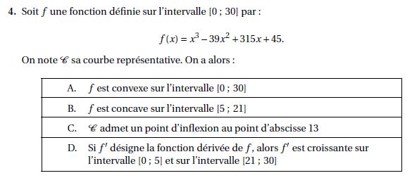 example de Corrigé QCM maths sur convexité, point d'inflexion